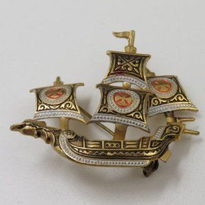 Vintage Damascene Spanish Galleon Ship Pin Brooch